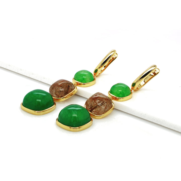 Green Beryl and Golden Rutile 3 Stone Earring in Brass