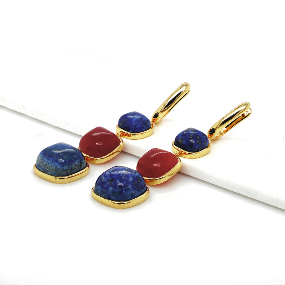 Lapis Lazuli and Ruby Colored Beryl 3 Stone Earring in Brass