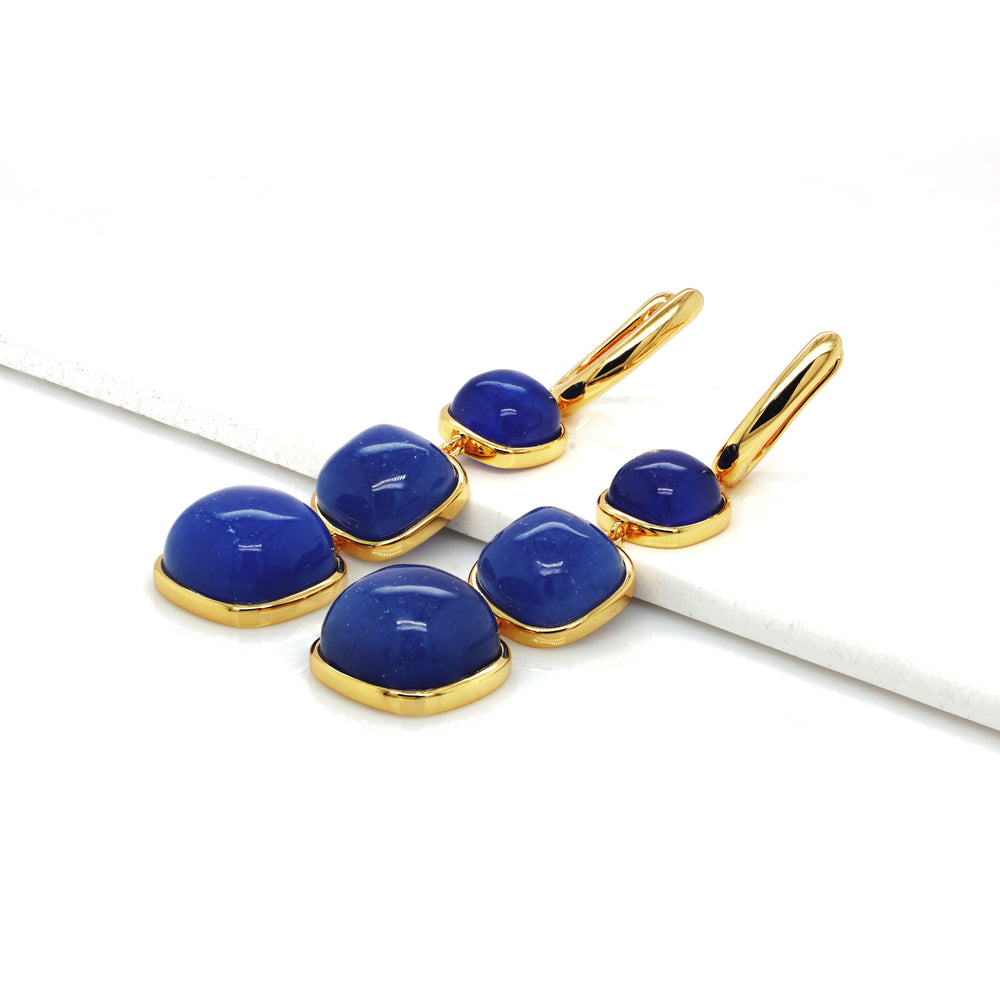 Sapphire Colored Beryl 3 Stone Earring in Brass