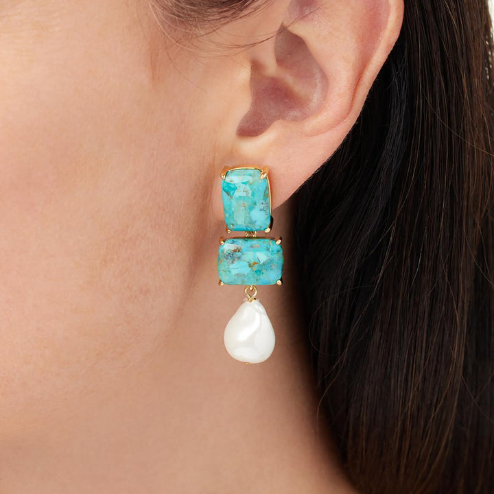 24 Cts Turquoise and Mother of Pearl Dangle Earring in Brass