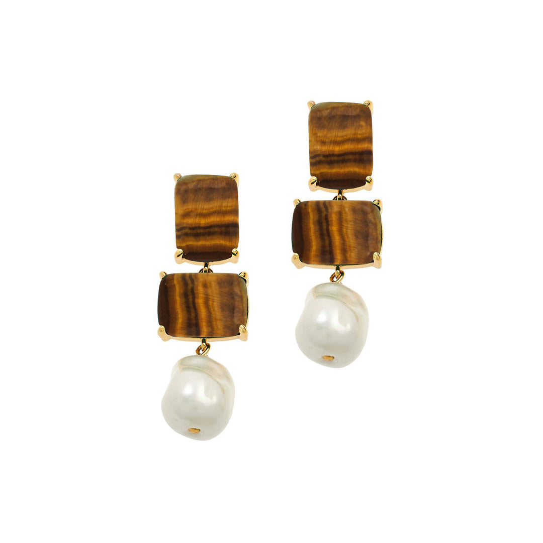 29 Cts Tiger Eye and Mother of Pearl Dangle Earring in Brass