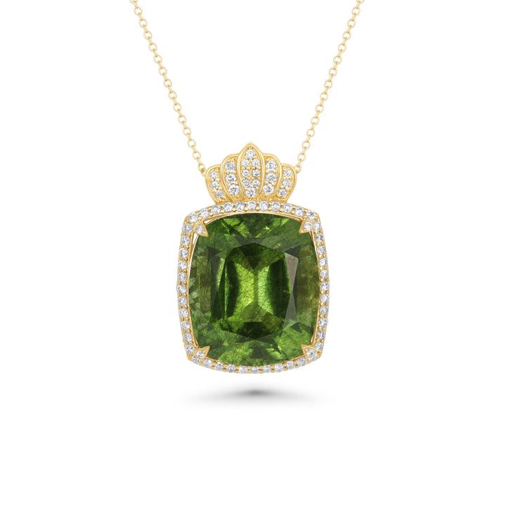 19.66 Cts Peridot and White Diamond Pendant in 18K Yellow Gold