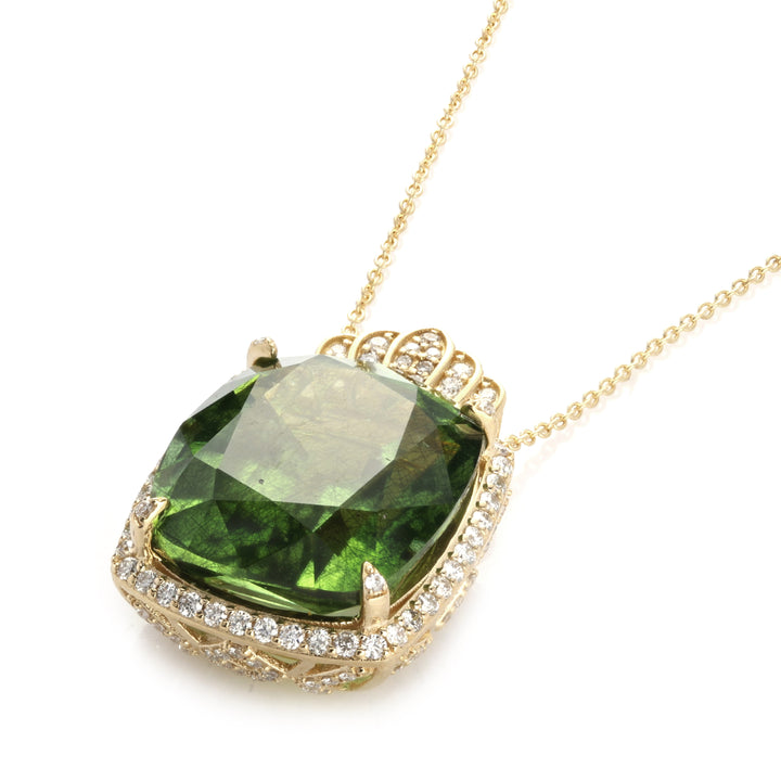 19.66 Cts Peridot and White Diamond Pendant in 18K Yellow Gold