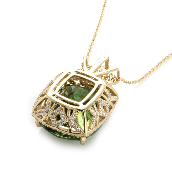 19.66 Cts Peridot and White Diamond Pendant in 18K Yellow Gold