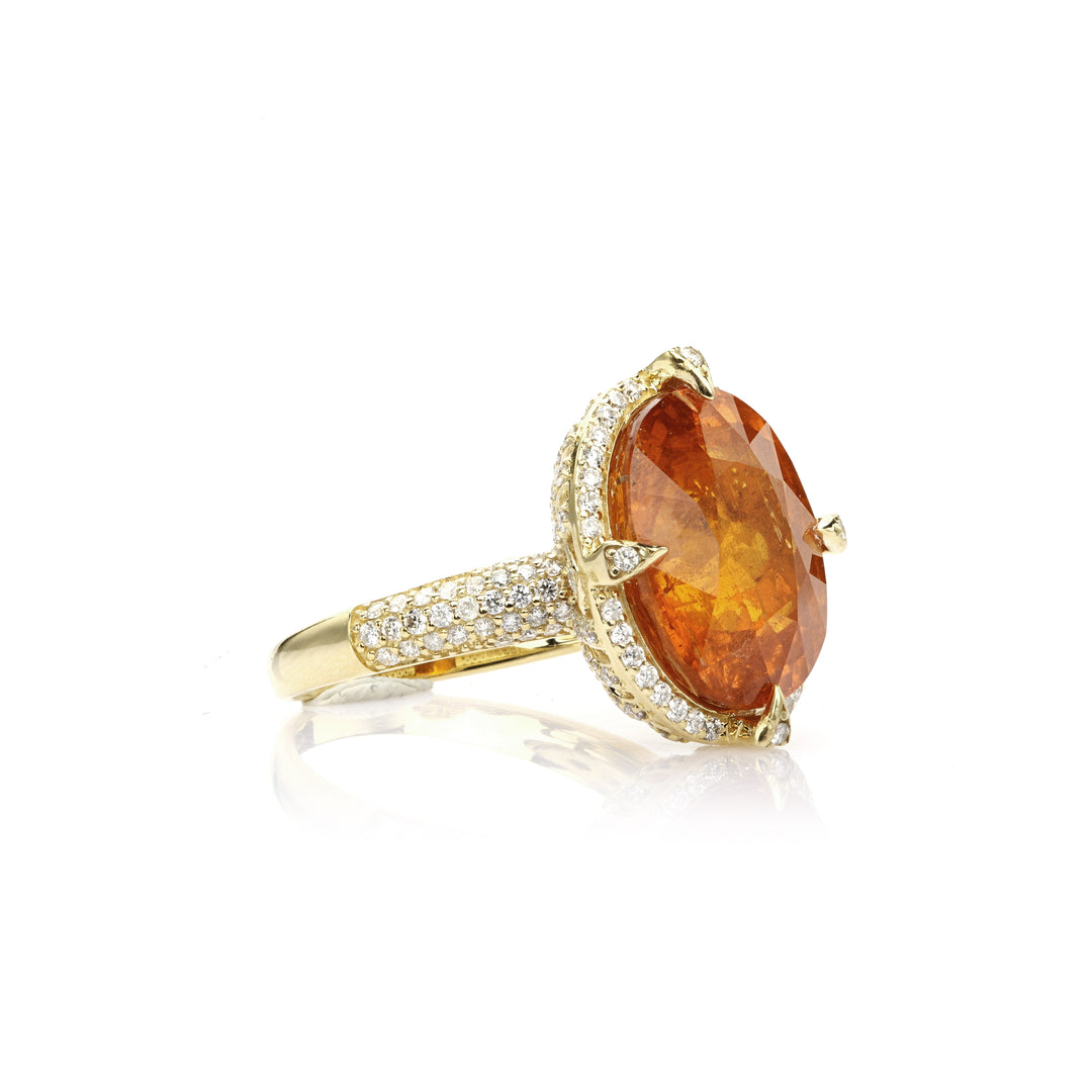 14.3 Cts Spessartite and White Diamond Ring in 18K Yellow Gold