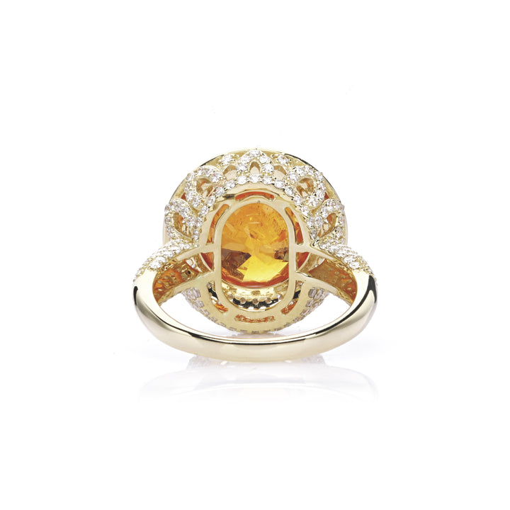 11.4 Cts Spessartite and White Diamond Ring in 14K Yellow Gold