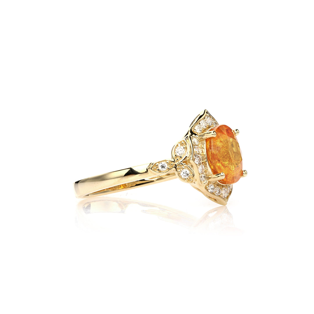 3.35 Cts Spessartite and White Diamond Ring in 14K Yellow Gold