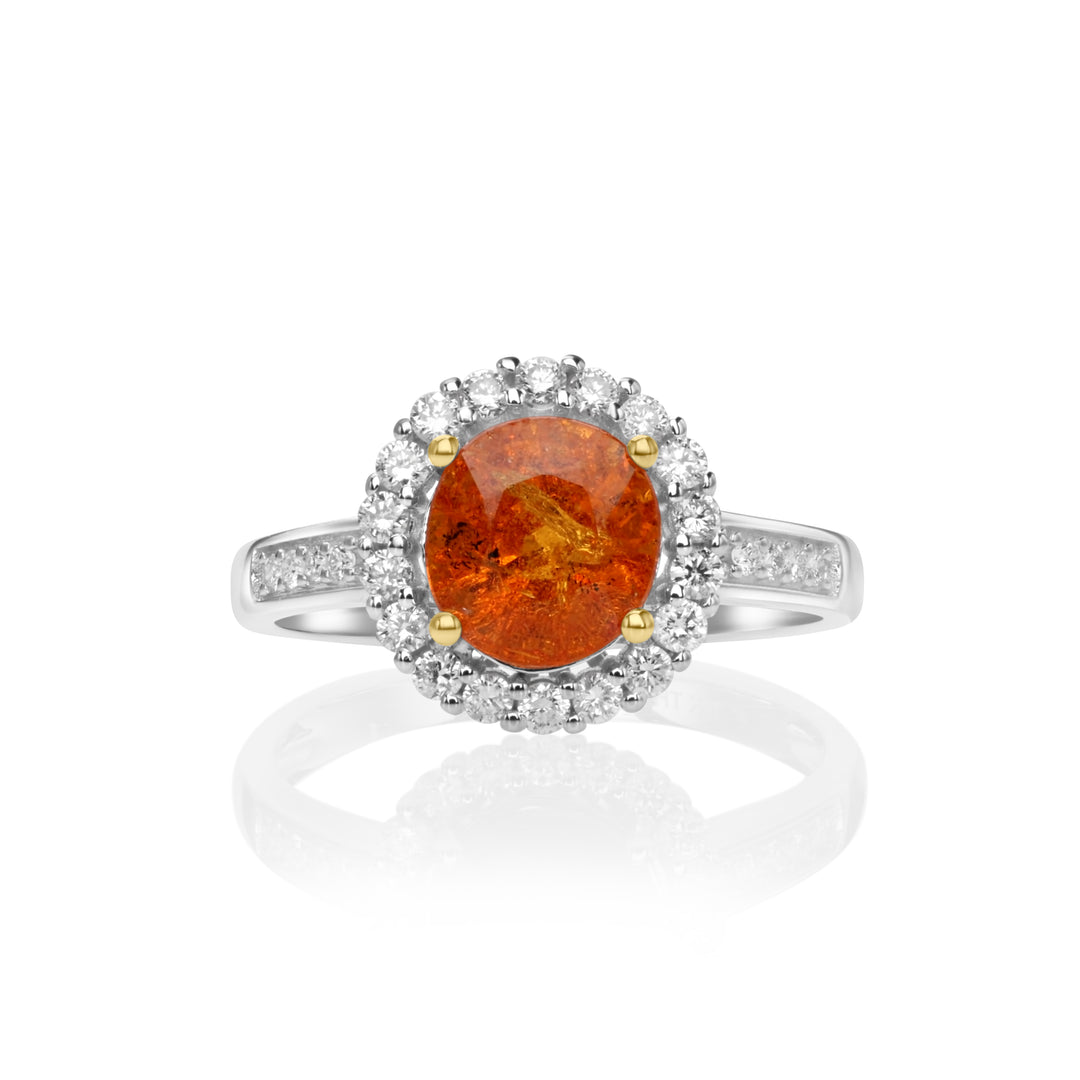 2.85 Cts Spessartite and White Diamond Ring in 14K Yellow Gold
