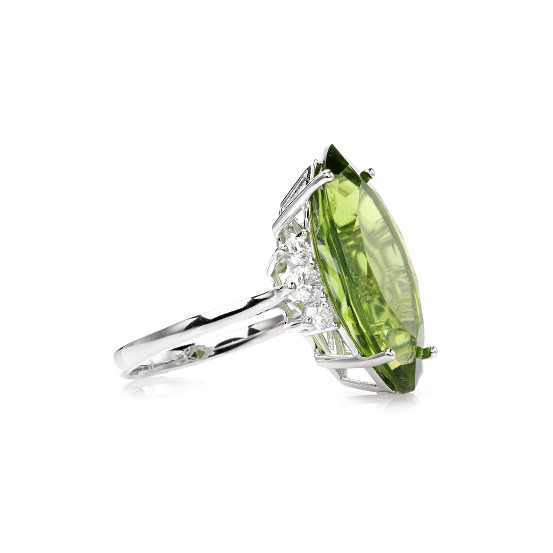 11.95 Cts Peridot and White Diamond Ring in 14K White Gold