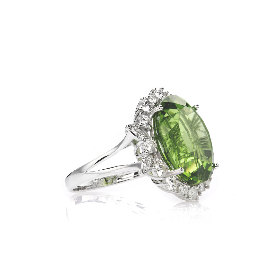 14.28 Cts Peridot and White Diamond Ring in 14K White Gold