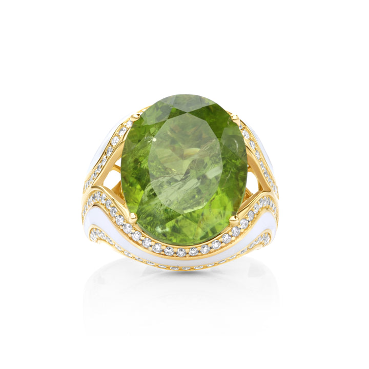 14.15 Cts Peridot and White Diamond Ring in 14K Yellow Gold