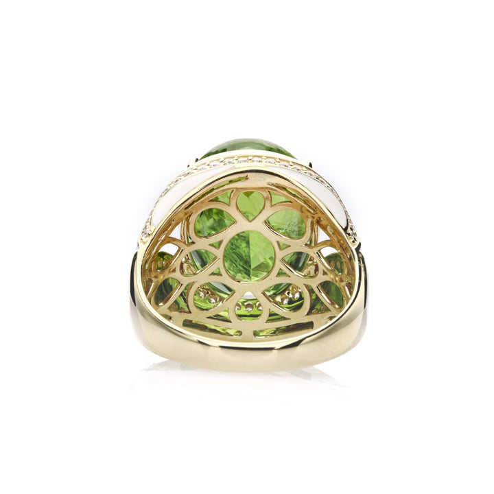 14.15 Cts Peridot and White Diamond Ring in 14K Yellow Gold