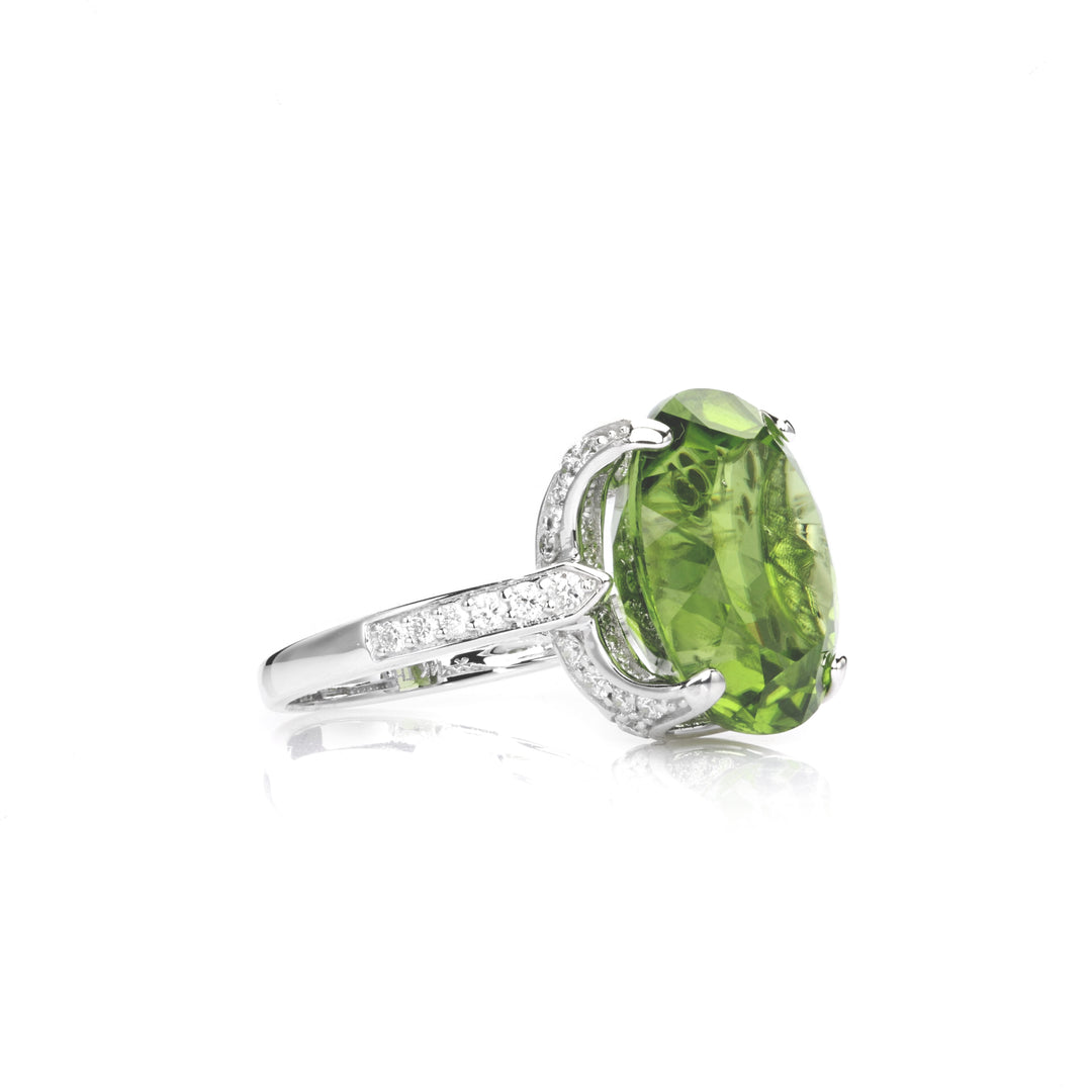 15.88 Cts Peridot and White Diamond Ring in 14K White Gold