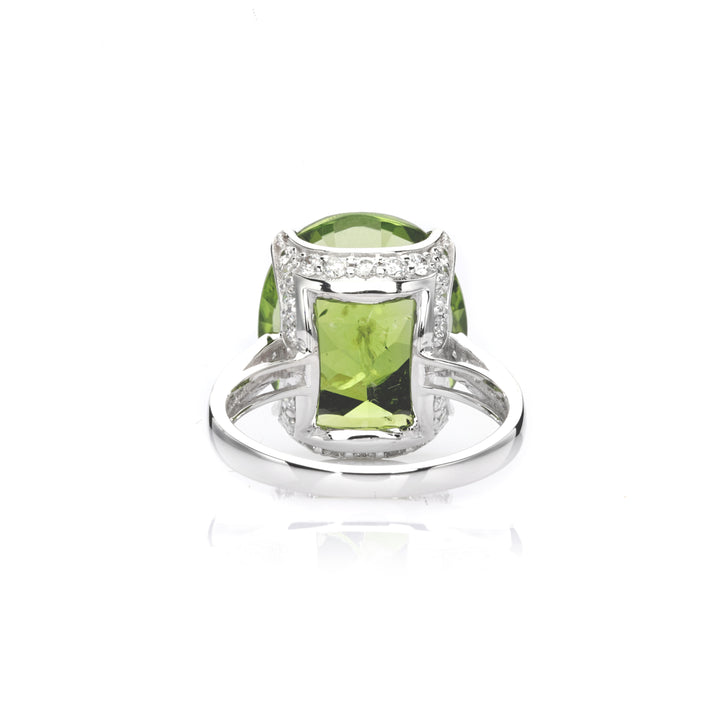 15.88 Cts Peridot and White Diamond Ring in 14K White Gold