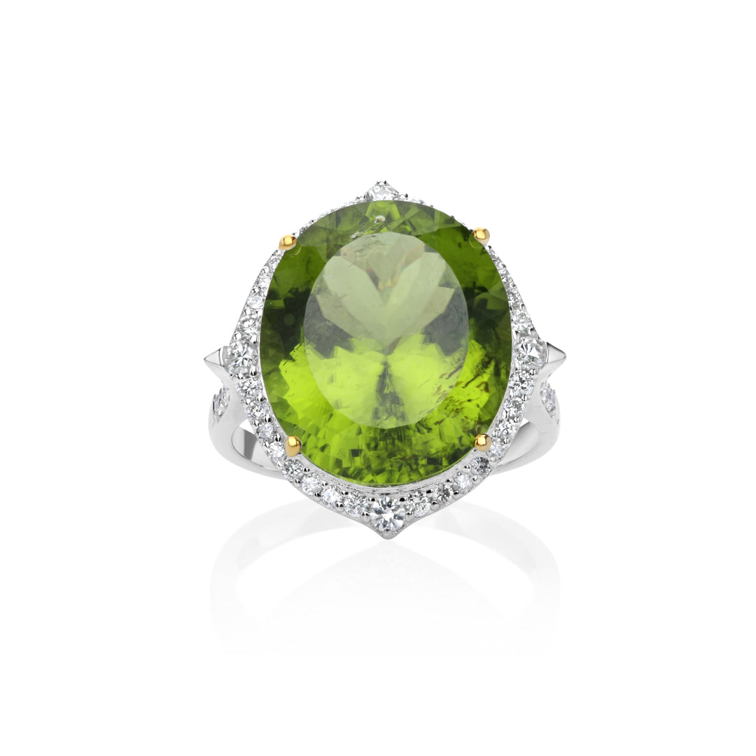 14.66 Cts Peridot and White Diamond Ring in 14K White Gold
