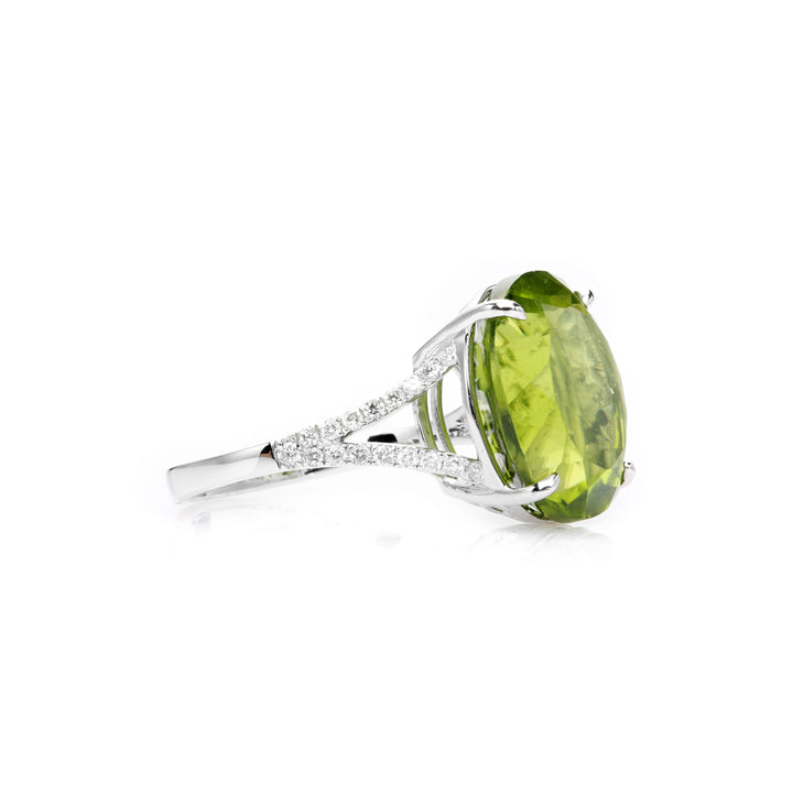 12.29 Cts Peridot and White Diamond Ring in 14K White Gold