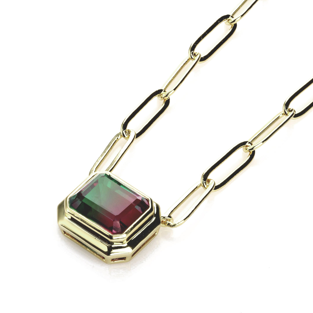 7.25 Cts Bi-Color Tourmaline Colored Doublet Quartz Necklace in Brass