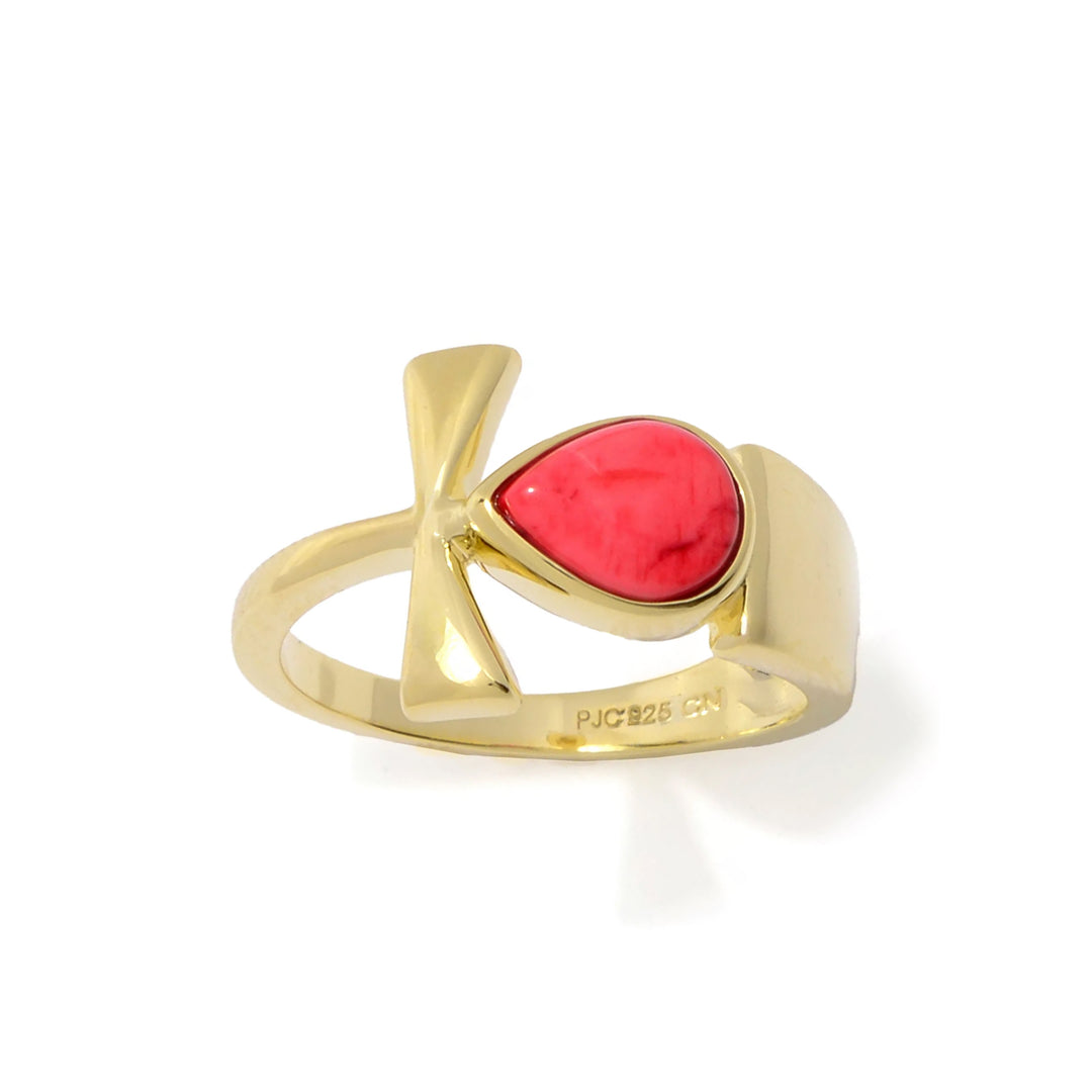 1.05 Cts Red Coral Egyptian Ankh Cross Ring in 18K Gold Plated 925 Silver