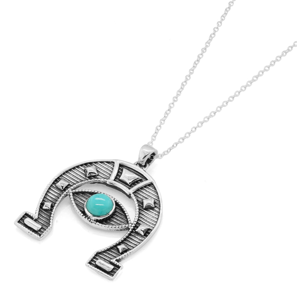 1.00 Cts Turquoise Evil Eye with Lucky Horseshoe Pendant in 925
