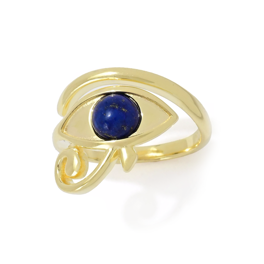 0.89 Cts Lapis Lazuli Egyptian Eye of Horus Ring in 18K Gold Plated 925 Silver