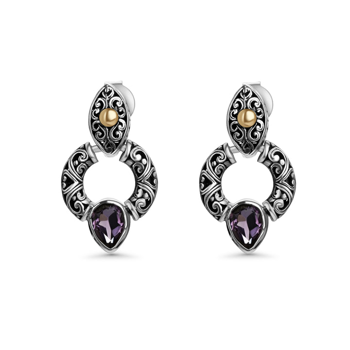 1.00 Cts Amethyst Door Knocker Earring in Two Tone 925 Silver