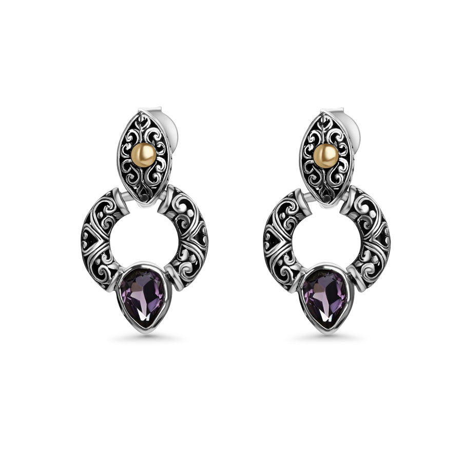 1.00 Cts Amethyst Door Knocker Earring in Two Tone 925 Silver