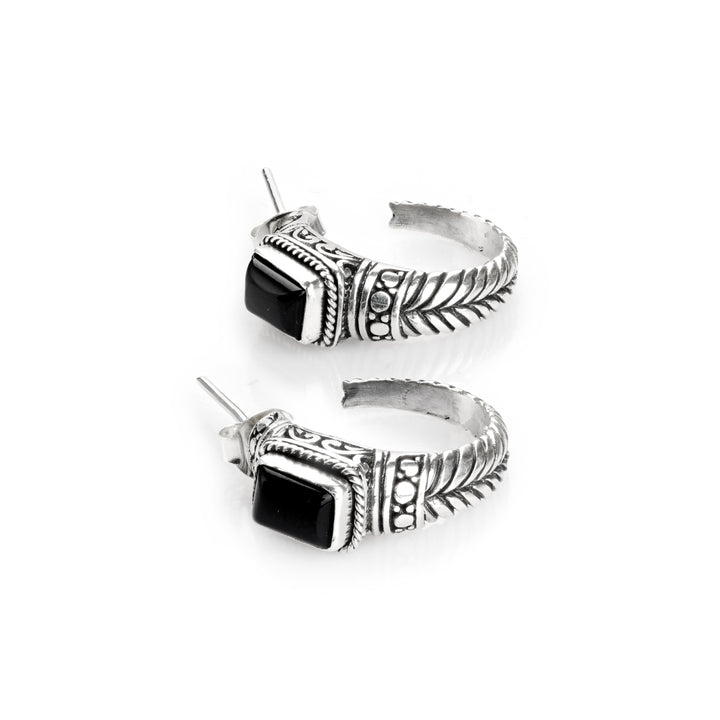 3.00 Cts Black Onyx Hoop Earring in Oxidized 925 Silver