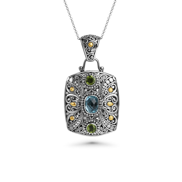 1.90 Cts Blue Topaz and Peridot Statement Pendant in Two Tone 925 Silver