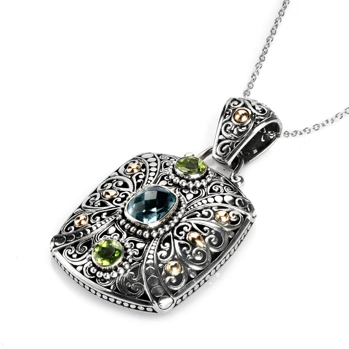 1.90 Cts Blue Topaz and Peridot Statement Pendant in Two Tone 925 Silver