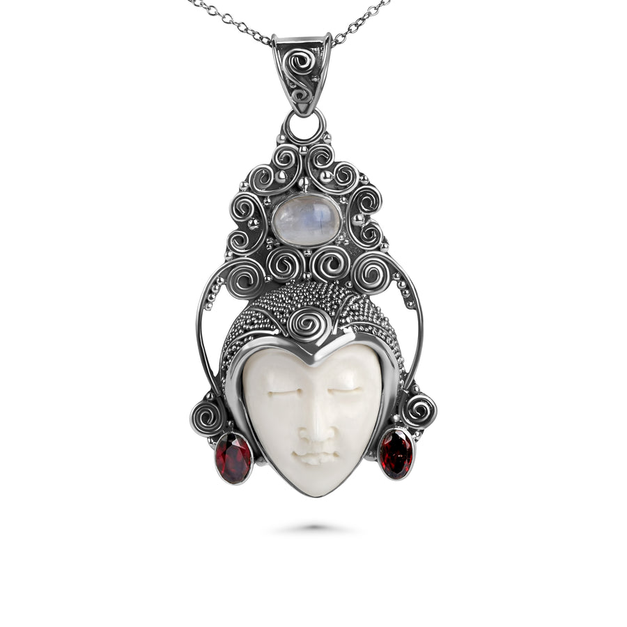 1.00 Cts Moonstone and Garnet Statement Pendant in Oxidized 925 Silver