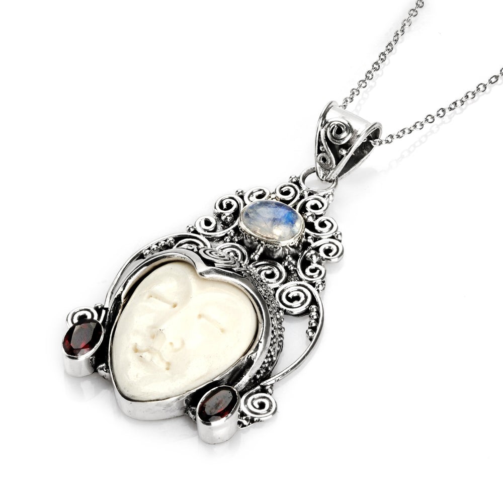 1.00 Cts Moonstone and Garnet Statement Pendant in Oxidized 925 Silver