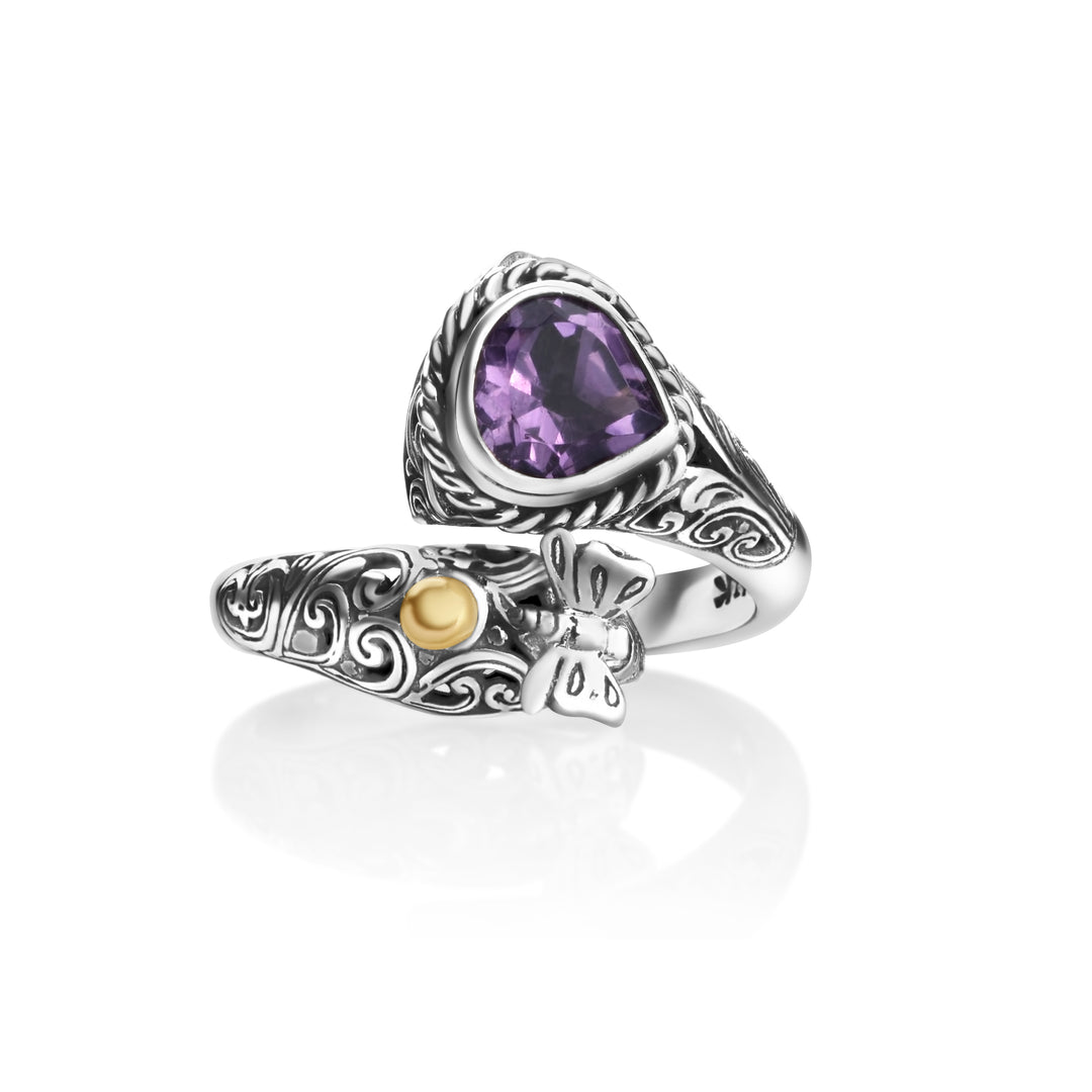 1.10 Cts Amethyst Bypass Ring in Two Tone 925 Silver