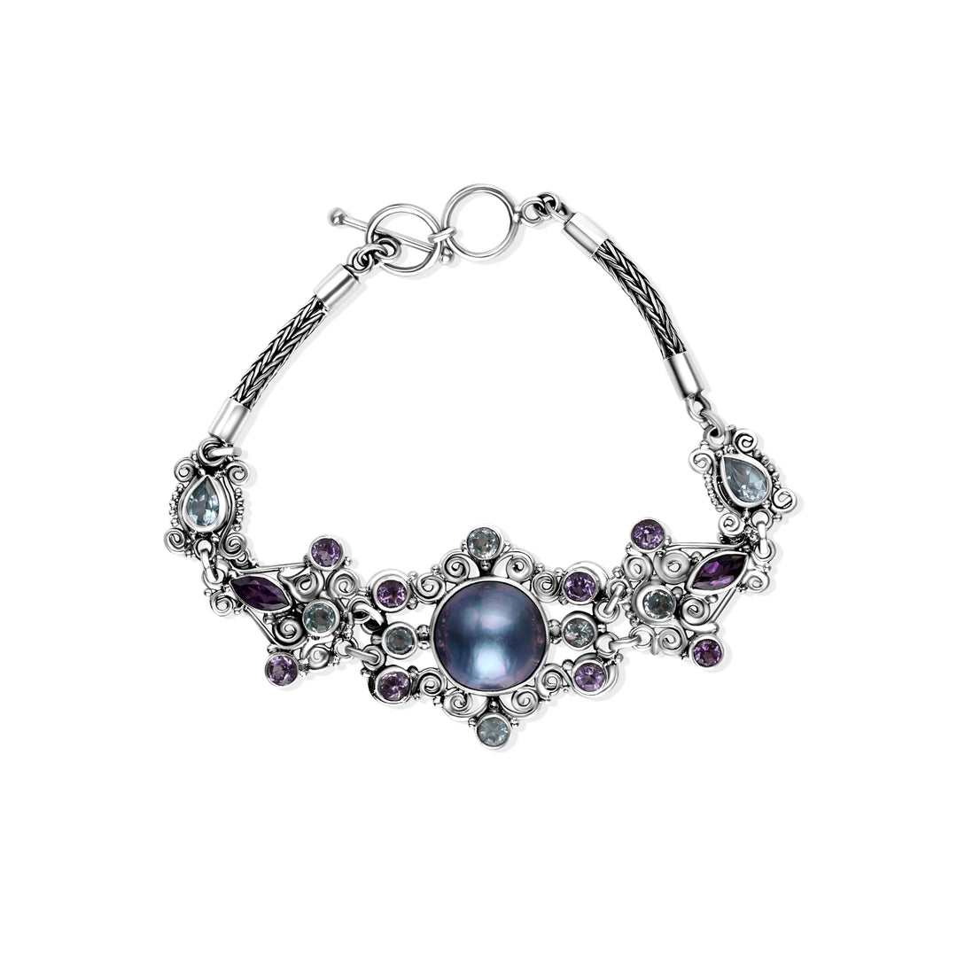 1.50 Cts Pearl and Multi Gemstone Statement Bracelet in Oxidized 925 Silver