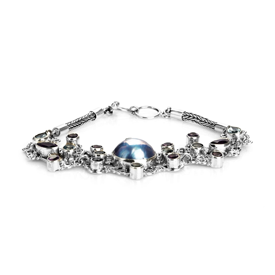 1.50 Cts Pearl and Multi Gemstone Statement Bracelet in Oxidized 925 Silver