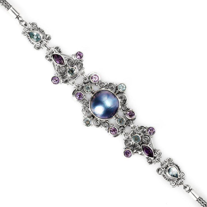 1.50 Cts Pearl and Multi Gemstone Statement Bracelet in Oxidized 925 Silver