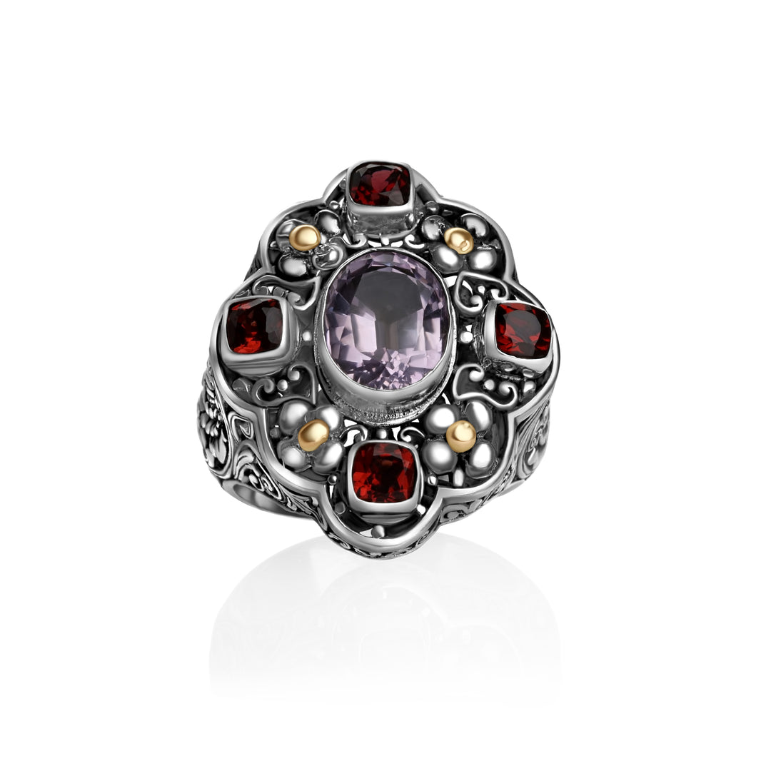 4.25 Cts Amethyst and Garnet Statement Ring in Two Tone 925 Silver