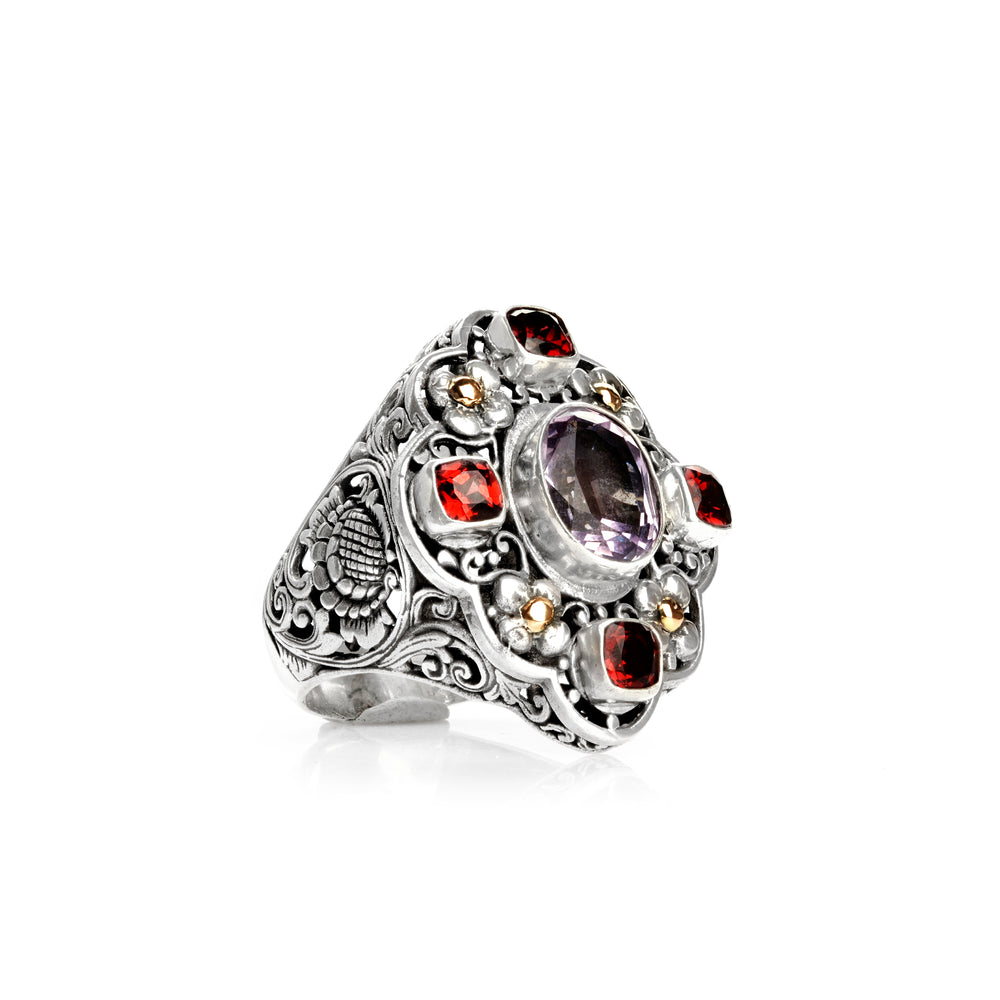 4.25 Cts Amethyst and Garnet Statement Ring in Two Tone 925 Silver