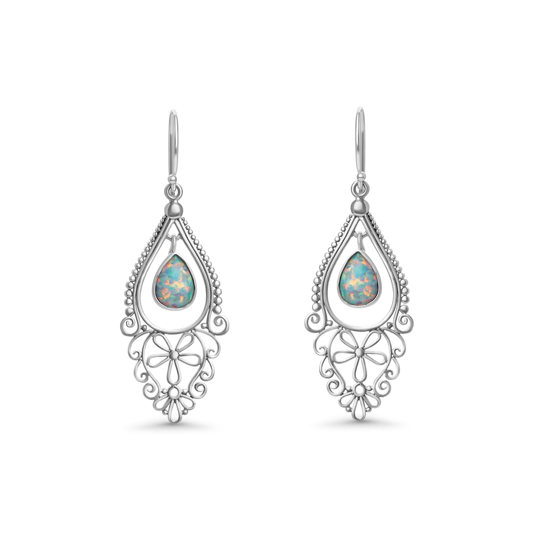 0.60 Cts Opal Dangle Earring in Oxidized 925 Silver