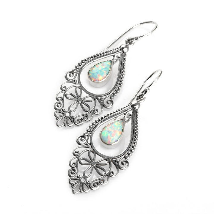 0.60 Cts Opal Dangle Earring in Oxidized 925 Silver