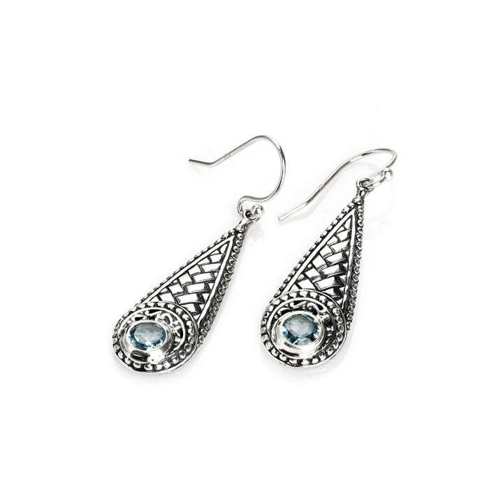 0.60 Cts Blue Topaz Dangle Earring in Oxidized 925 Silver