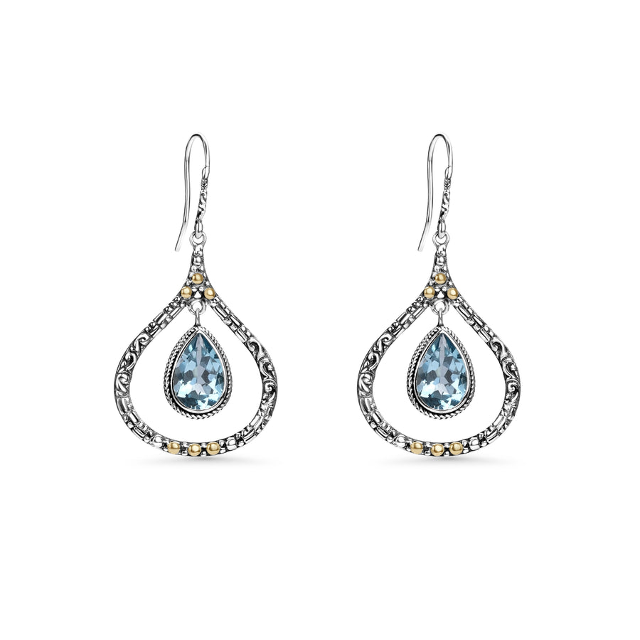 1.00 Cts Blue Topaz Dangle Earring in Two Tone 925 Silver