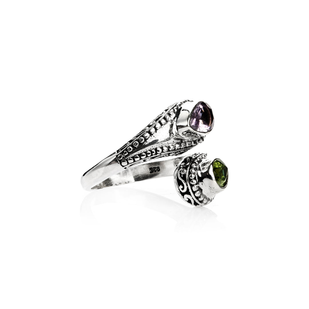 0.80 Cts Amethyst and Peridot Bypass Ring in Oxidized 925 Silver