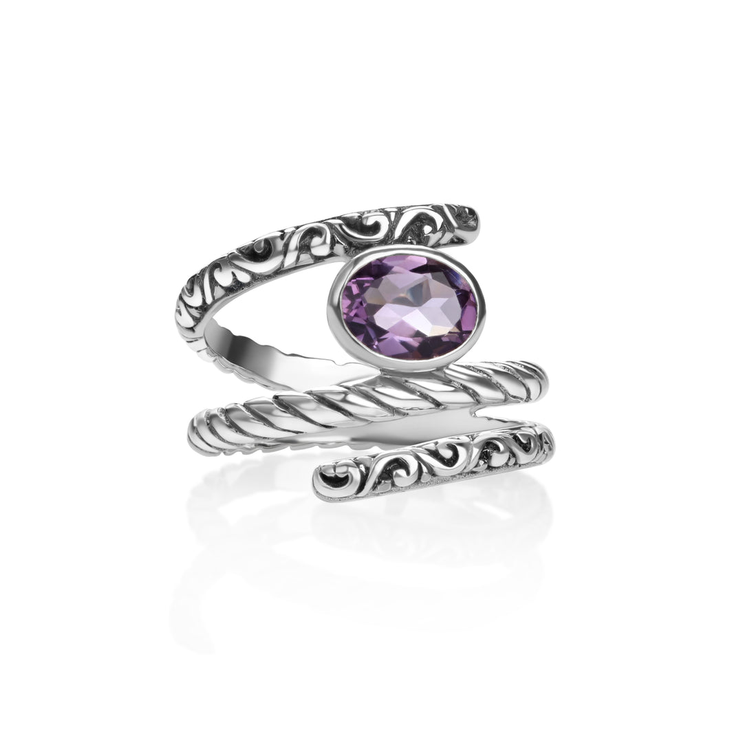 1.00 Cts Amethyst Spiral Ring in Oxidized 925 Silver