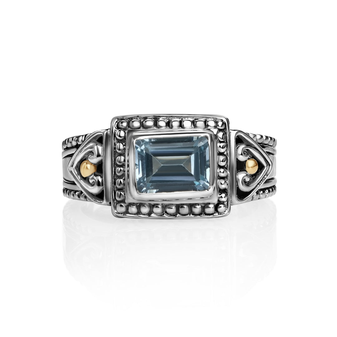 0.70 Cts Blue Topaz Halo Ring in Two Tone 925 Silver