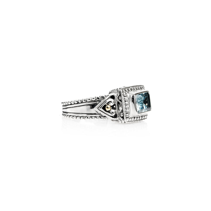 0.70 Cts Blue Topaz Halo Ring in Two Tone 925 Silver