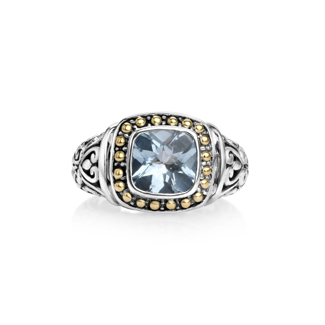 0.70 Cts Blue Topaz Halo Ring in Two Tone 925 Silver