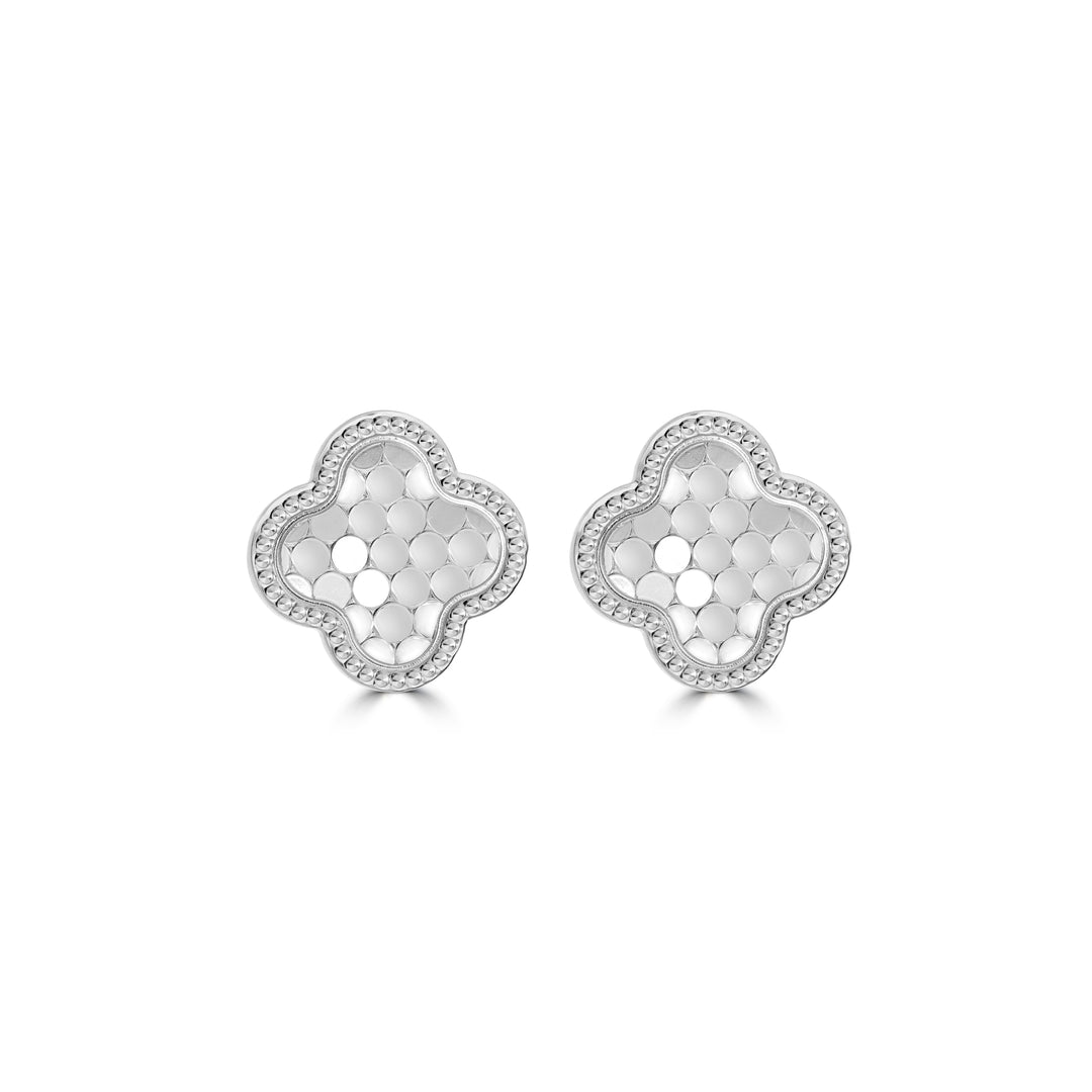 White Rhodium Plated CLOVER Stud Earring in 925 Silver