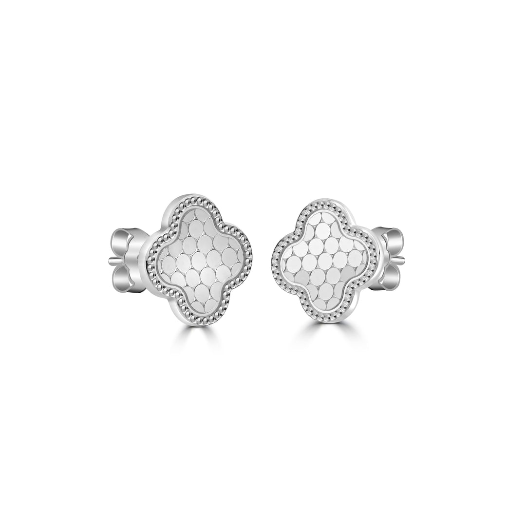 White Rhodium Plated CLOVER Stud Earring in 925 Silver