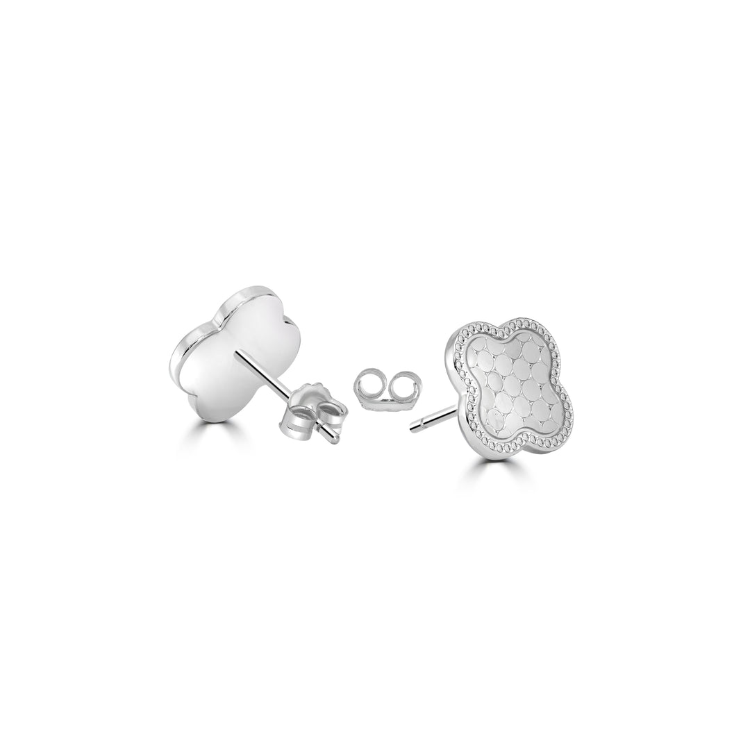 White Rhodium Plated CLOVER Stud Earring in 925 Silver