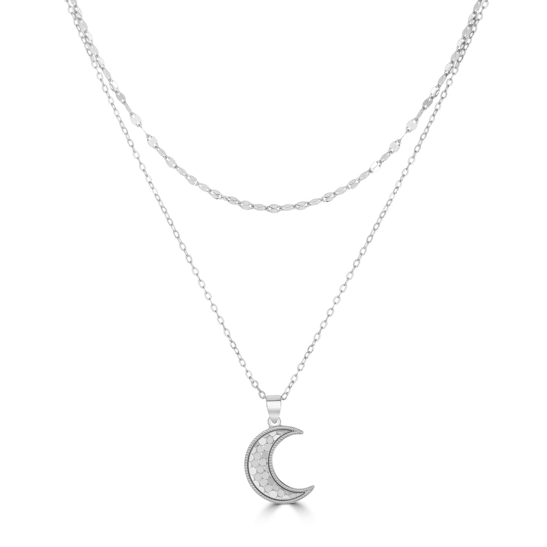 White Rhodium Plated Half Moon Necklace in 925 Silver